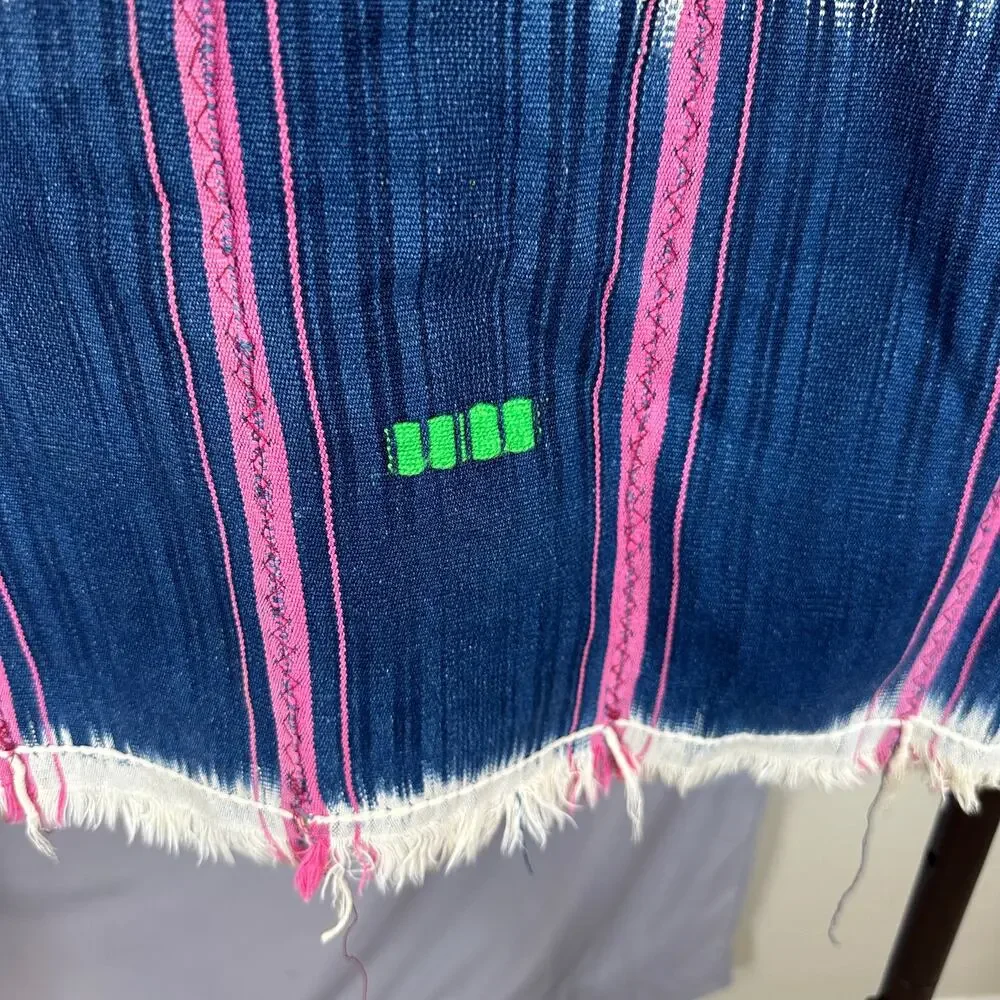 Striped Woven Textile Throw Pink Navy Cream Fringe Boho Global Eclectic Decor
